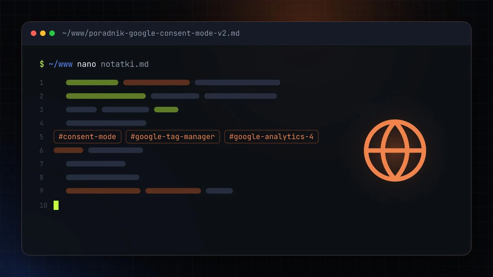Ilustracja do artykułu „Google Consent Mode v2 – czym jest i jak go wdrożyć przez GTM, gtag.js i WordPress” — okno edytora z ikoną działu WWW i WordPress